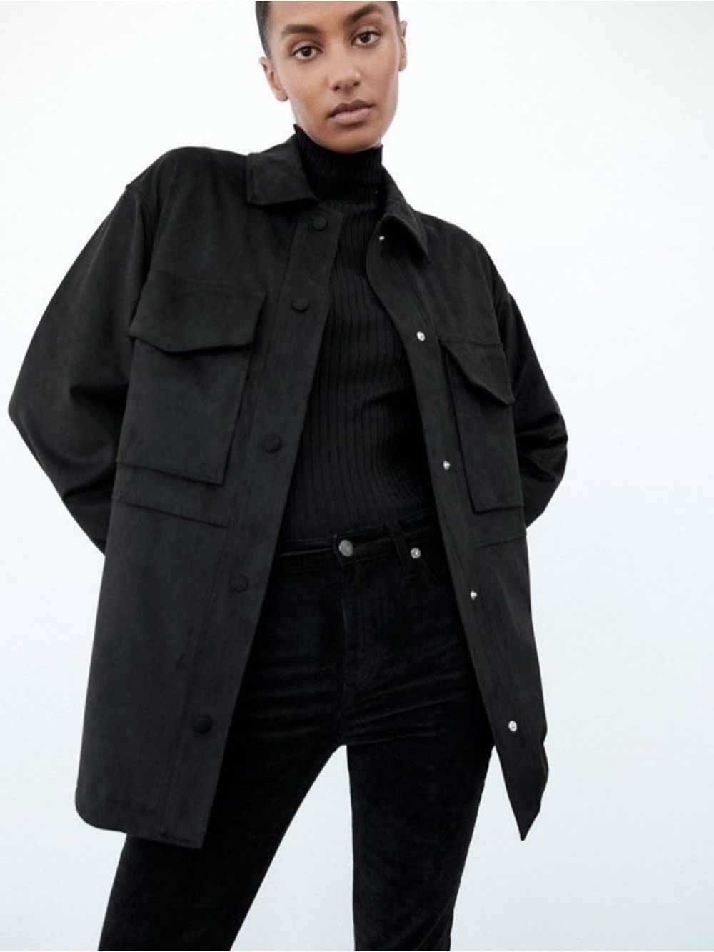 Zara Black Oversized Utility Jacket with Flap Pockets